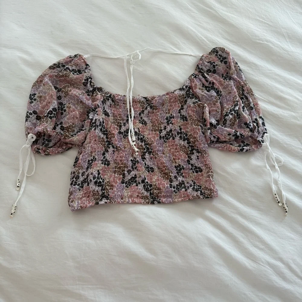 Free People Floral Smocked Puff Sleeve Top NWT